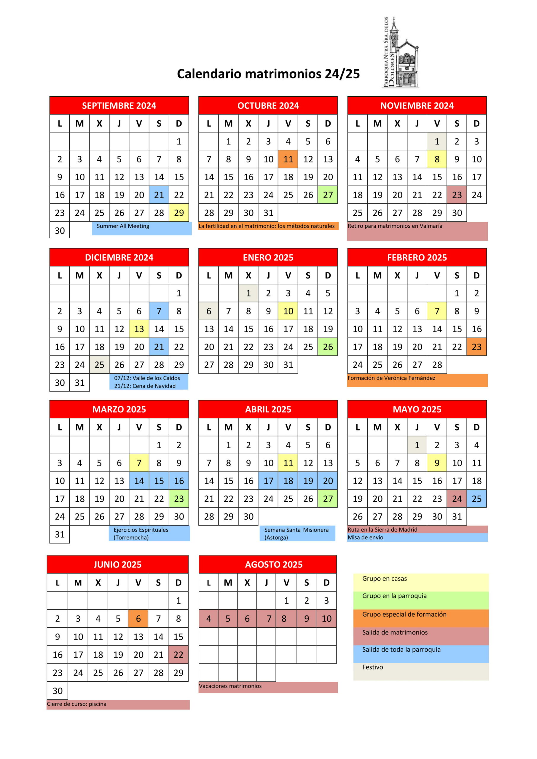 Calendario Matrimonios Mater Dolorosa 2024-2025